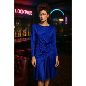 Vtg Abby Kent Dress Womens 14 Blue Ruched Drape Long Sleeve Cocktail Party 80s